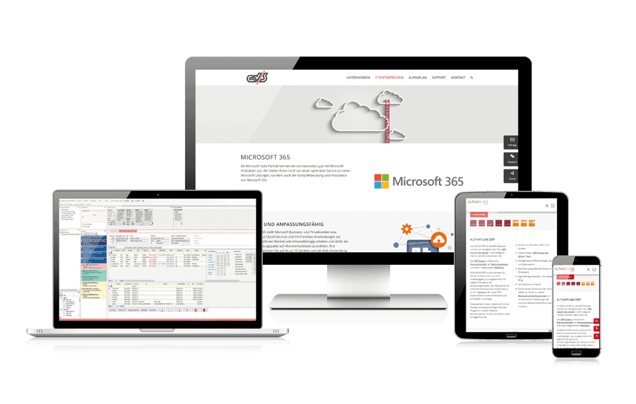 Drei Bildschirm-Screenshots von ALPHAPLAN und Microsoft 365